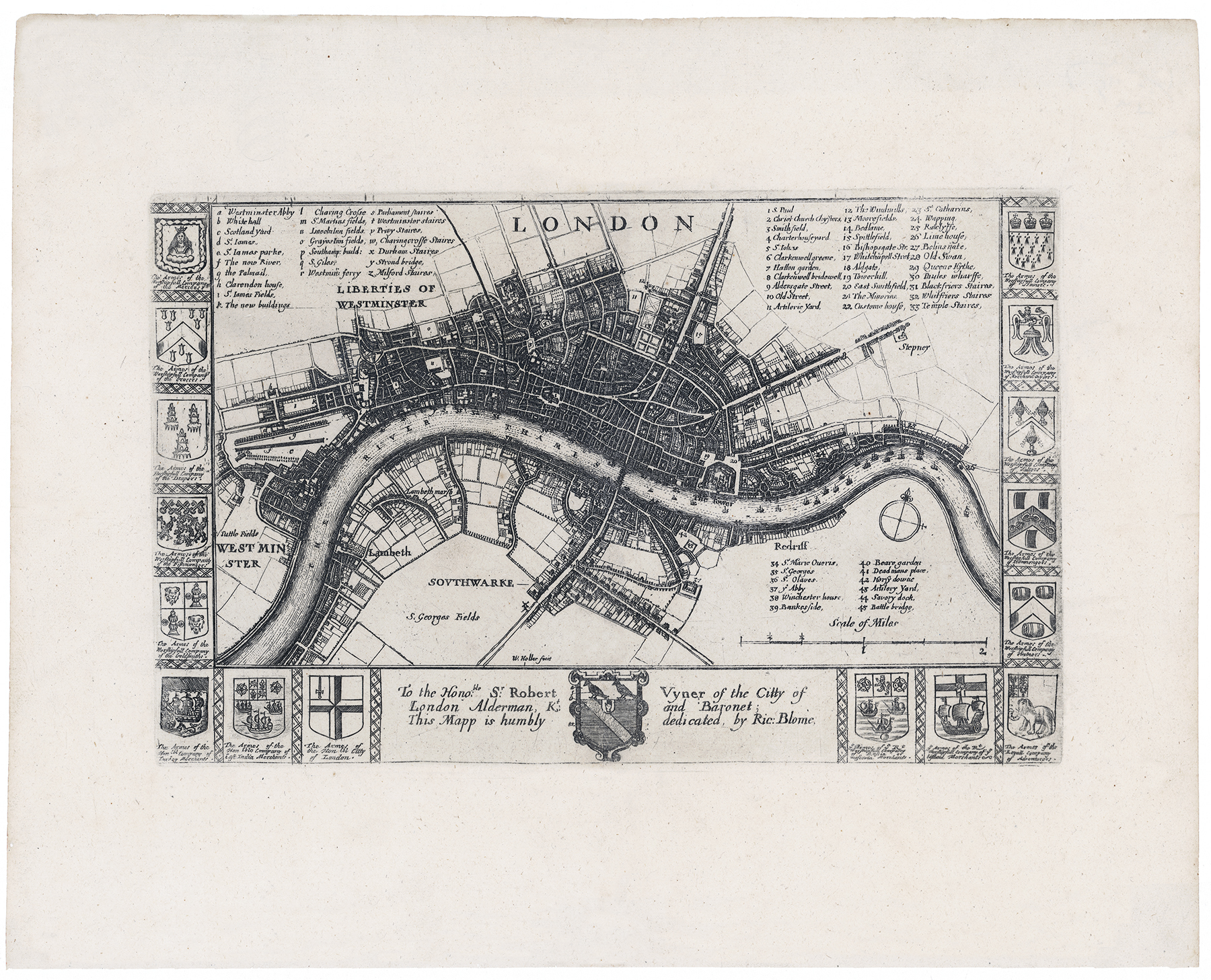 Printed for and dedicated to Sir Robert Vyner, the map reflects the importance of civic leadership, commerce, and urban identity in 17th century London. Sir Robert Vyner, a prominent goldsmith, banker, and politician, served as Lord Mayor of London in 1674 and was a significant figure during the reign of King Charles II. 