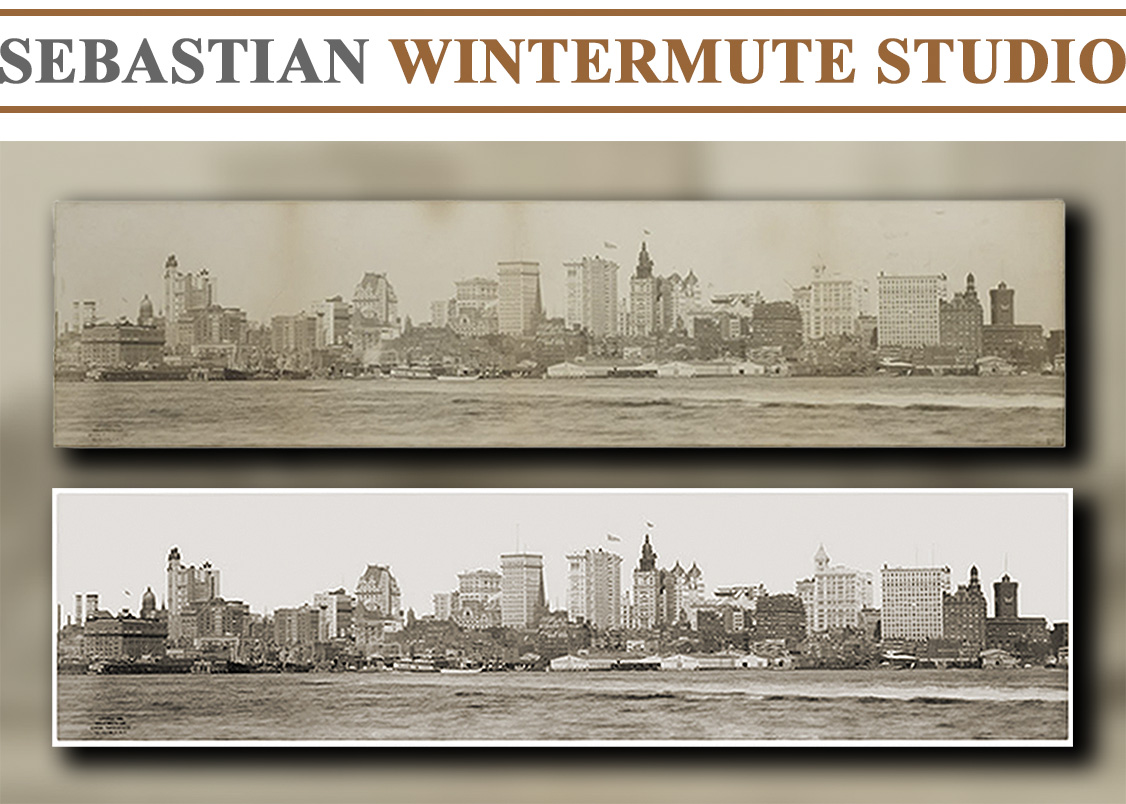 Measuring over three feet wide this extremely rare 1899 panoramic photograph of Lower Manhattan and the South Street Seaport taken from the Brooklyn side, became unevenly faded and discolored with age