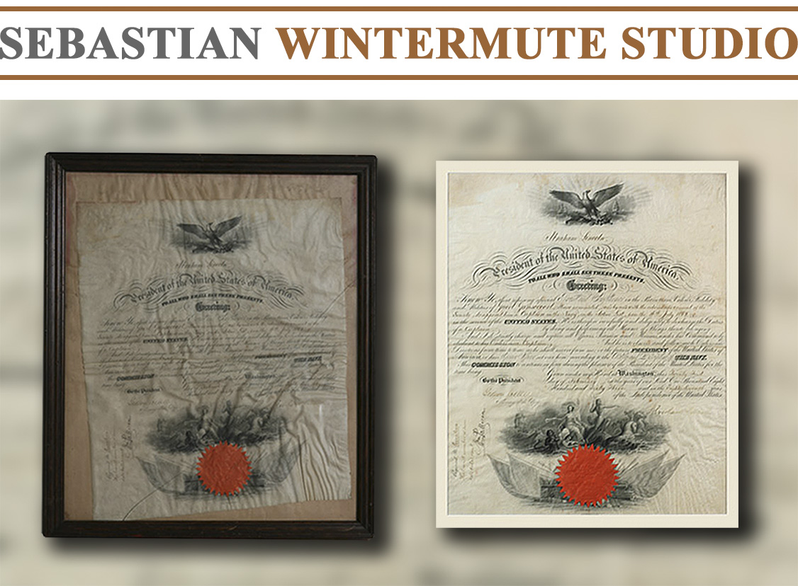 Restoration of Naval Commission signed by Abraham Lincoln as President and countersigned by Secretary of the Navy Gideon Welles.